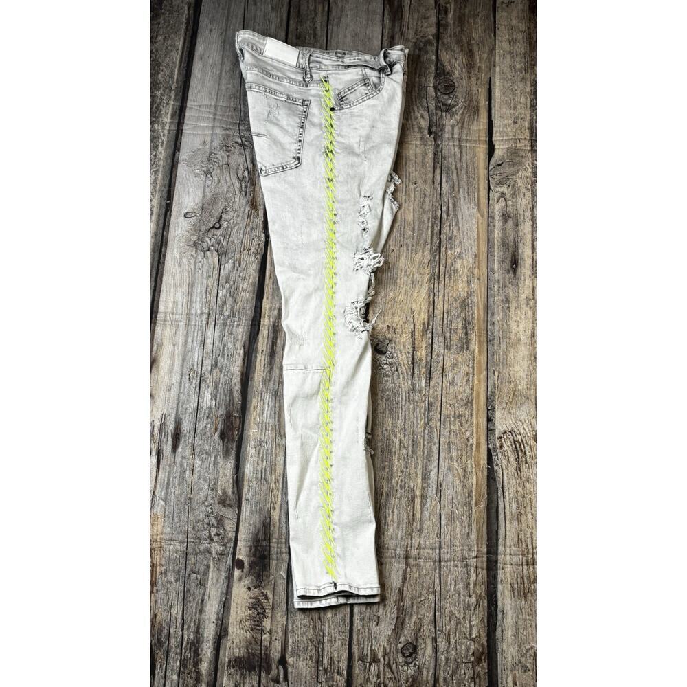 KDNK Distressed Lightning Bolt Embroidered Skinny Jeans Men Size 30x31 Acid Wash